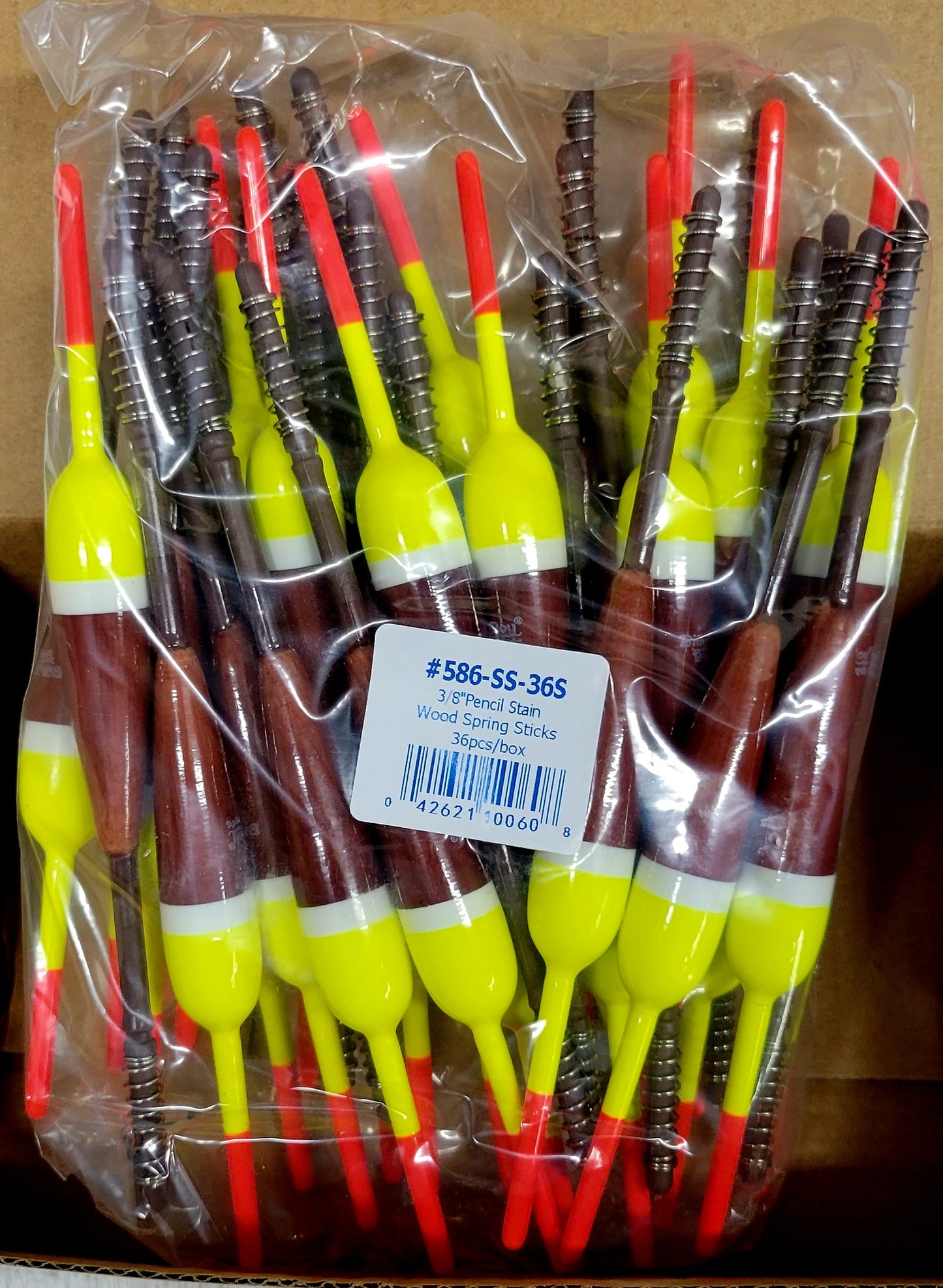 #586-SS-36S 3/8" Pencil stained wood spring stick float. 36pcs in box