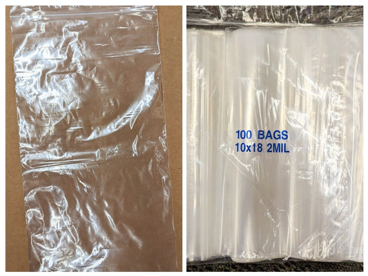 Resealable Poly Bag 10" x 18", 100 Pack, 2 Mil Clear Reclosable Plastic Baggies